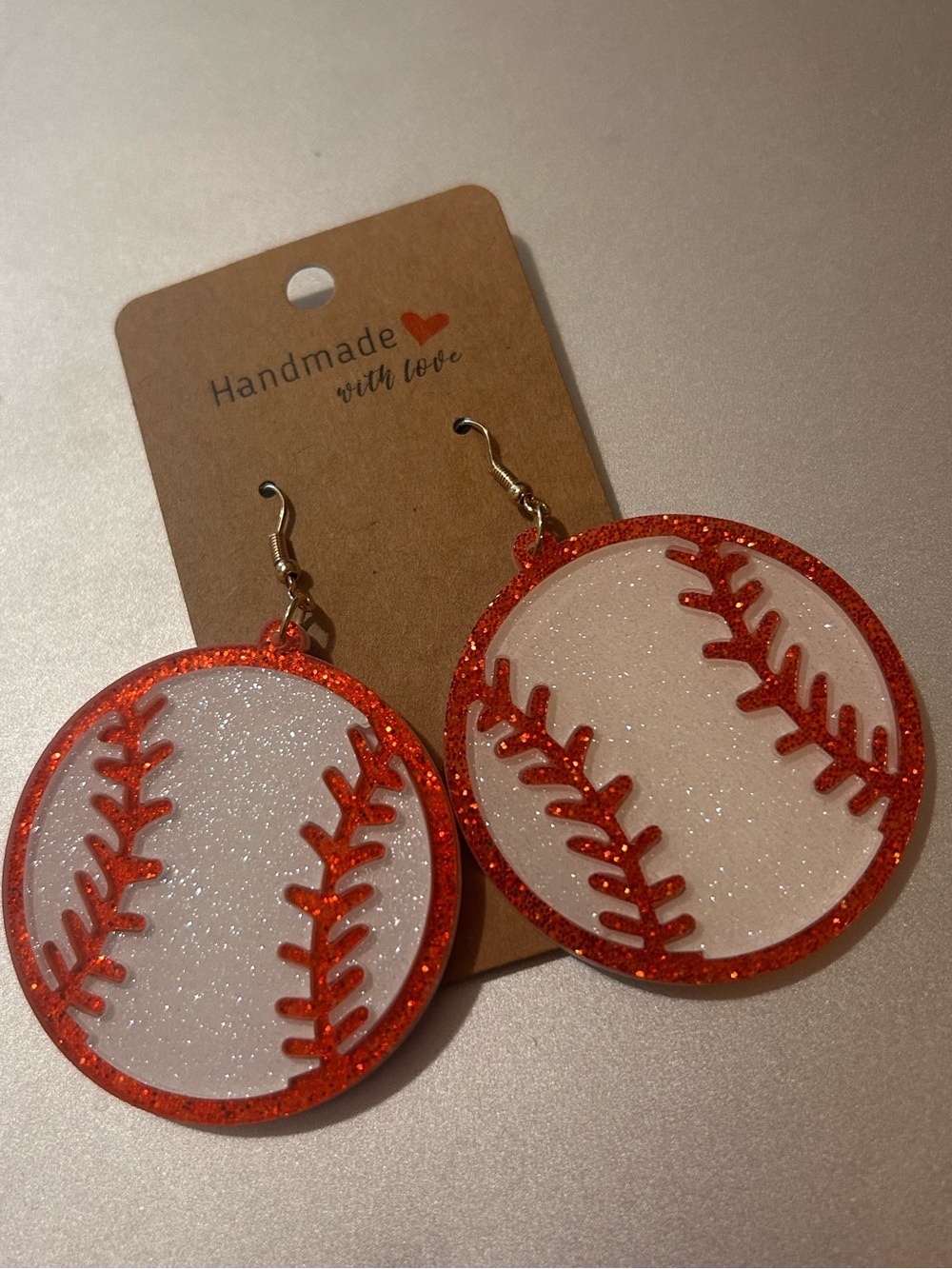 Handmade Kids Baseball Glitter Earrings — White and Red